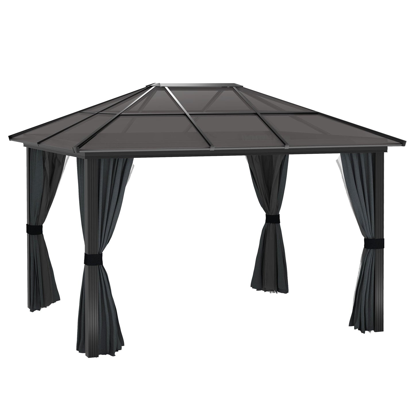 Outsunny 3 x 3,6 m Hardtop Gazebo z dachem z poliwęglanu, aluminiowa rama, stały pawilon ogrodowy z siatką i zasłonami na patio, pokład, ciemnoszary