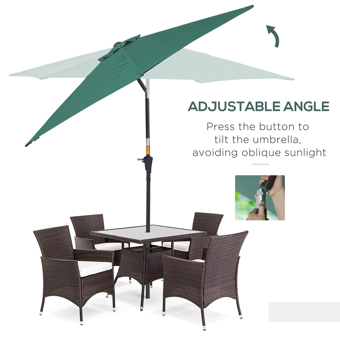 Outsunny 2,6M Parasol ogrodowy z pochyleniem i korbą, zewnętrzny parasol przeciwsłoneczny z aluminiową ramą, zielony