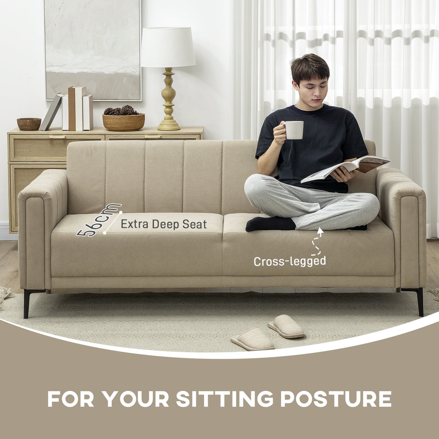 HOMCOM 3 Seater Sofa, Modern Fabric Sofa Couch, Channel Tufted Upholstered Sofa Settee for Living Room, Guest Room, Bedroom, Home Office, Khaki