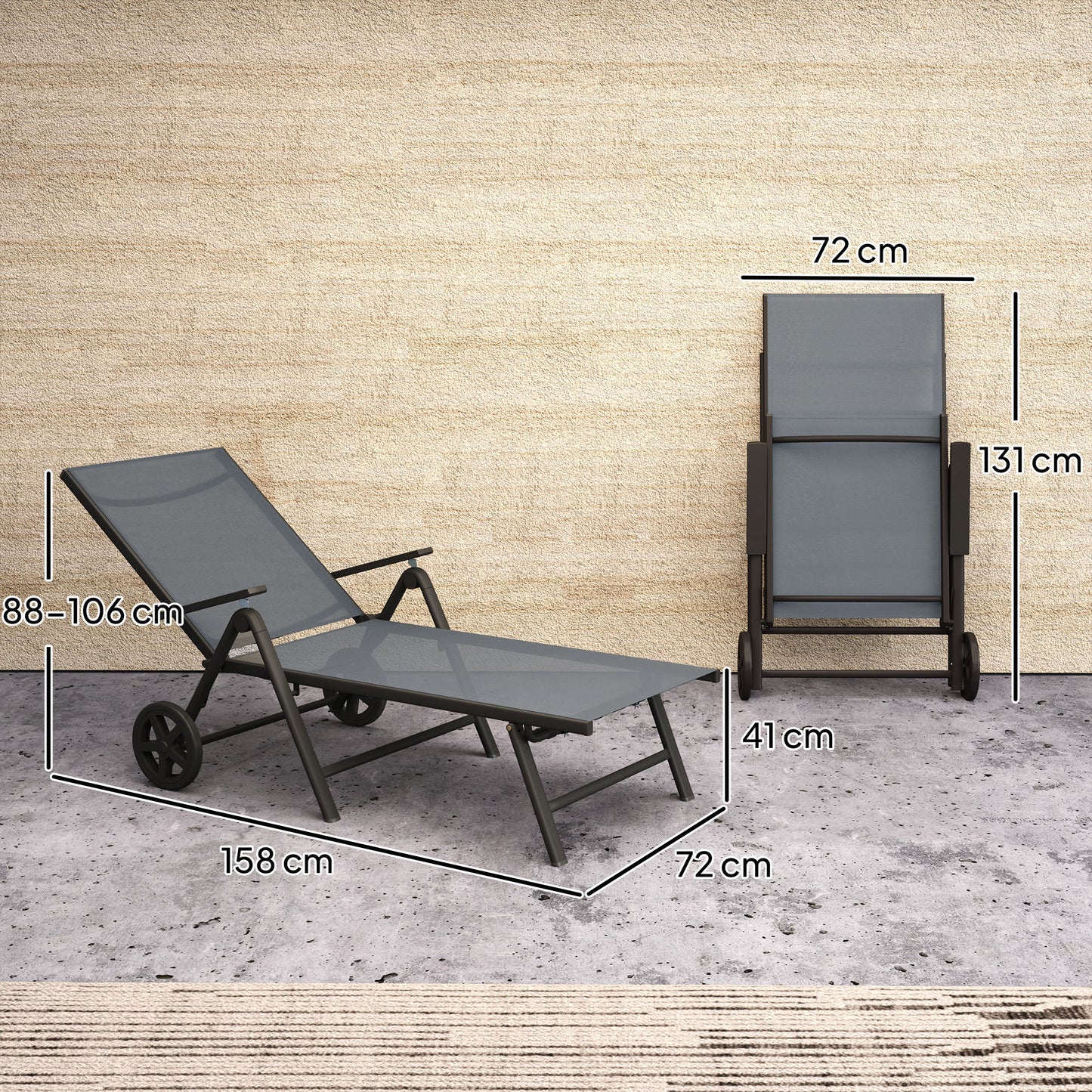 Outsunny składany leżak z kółkami, 5-pozycyjny regulowany leżak ogrodowy z podłokietnikami, metalowa rama, przenośny leżak ogrodowy na plażę, werandę, szary