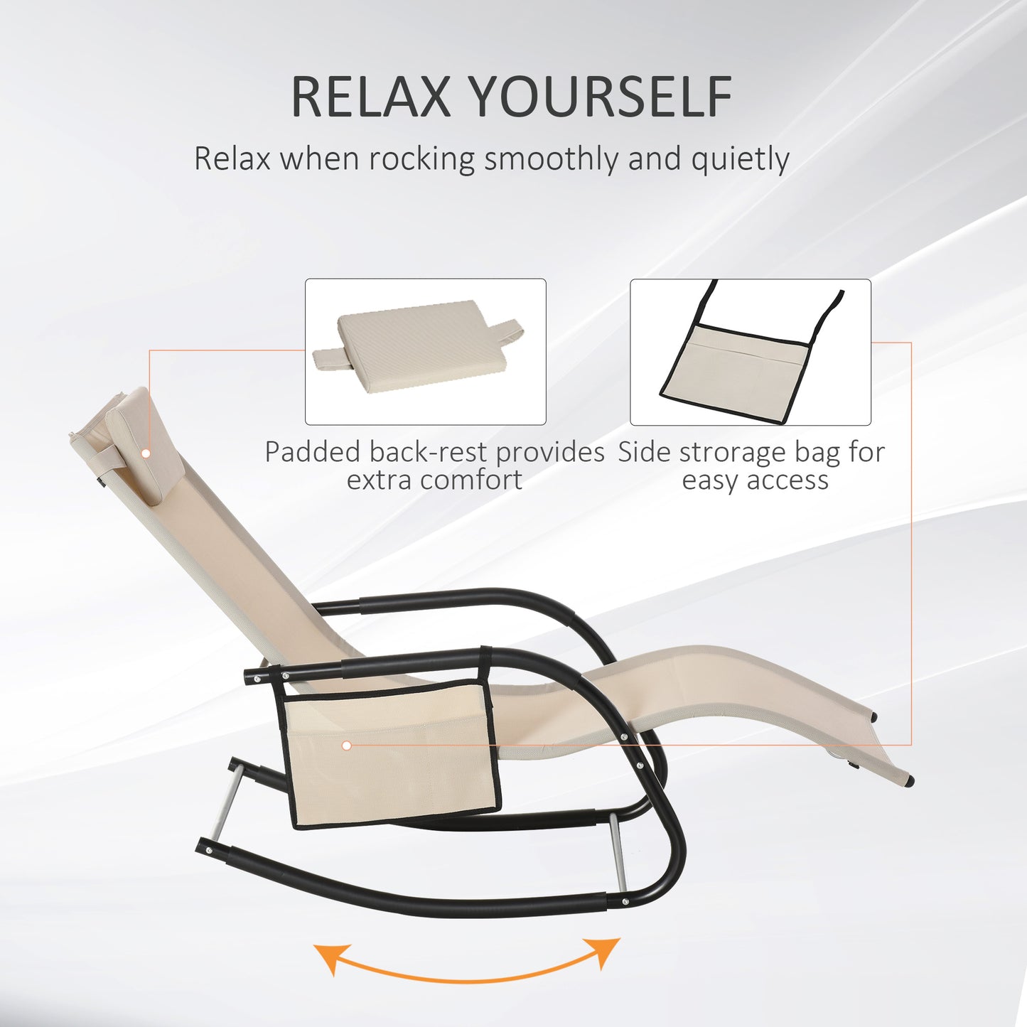 Outsunny 2PCs Outdoor Garden Rocking Chair, Patio Sun Lounger Rocker Chair z oddychającą siateczką, zdejmowana poduszka zagłówka, podłokietnik, boczna torba do przechowywania, kremowo-biały