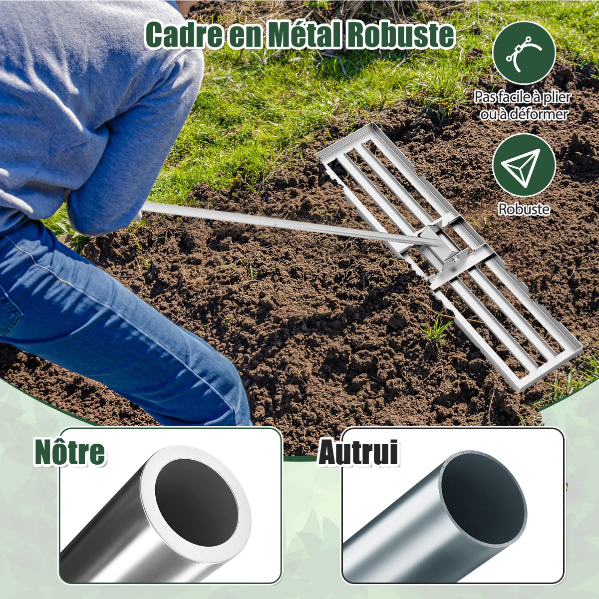 42 x 10 Inch Lawn Leveling Rake with Ergonomic Handle-Silver