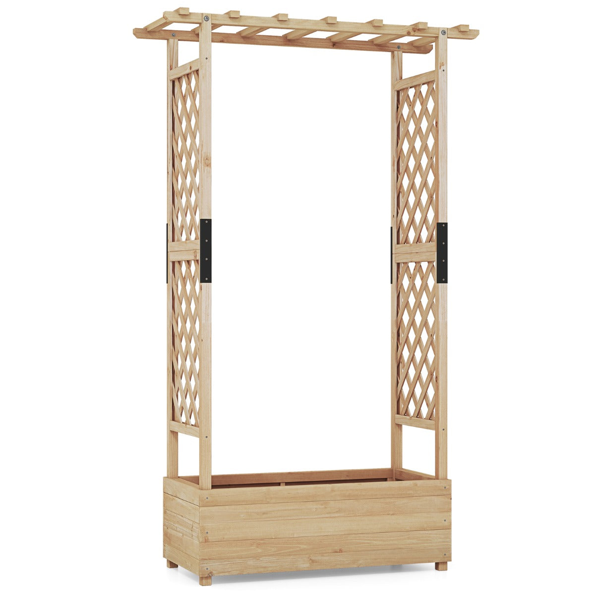 Raised Garden Bed Fir Wood Planter Box with 2-Sided Trellis and Hanging Roof-Natural