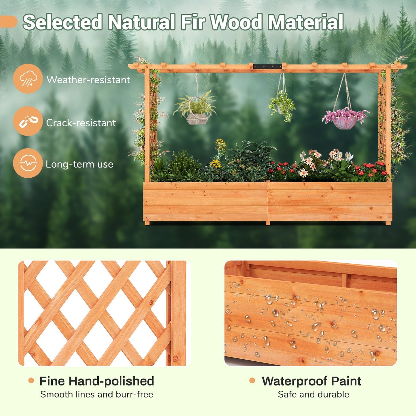 Raised Garden Bed with Side Trellis Hanging Roof and Planter Box-Orange