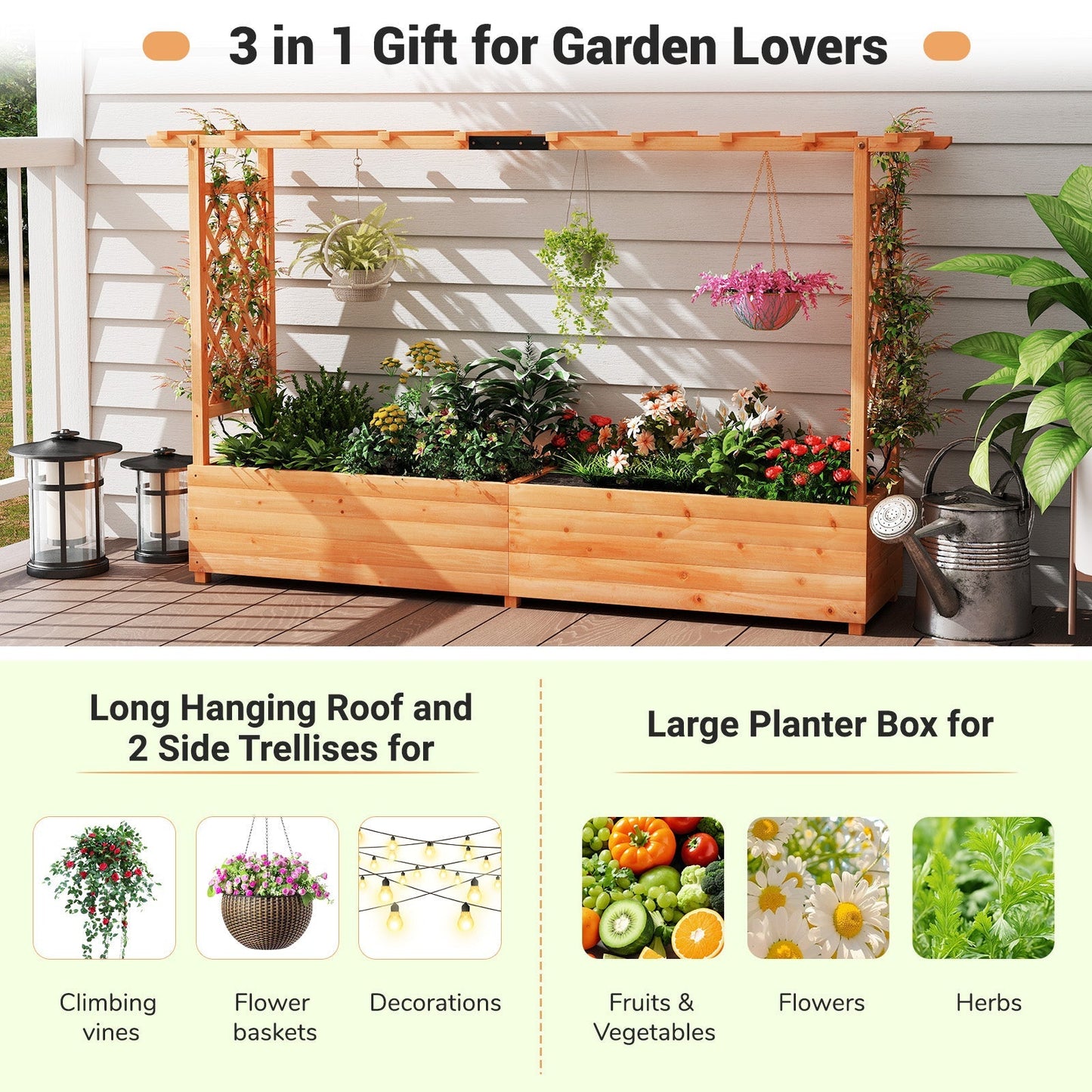 Raised Garden Bed with Side Trellis Hanging Roof and Planter Box-Orange