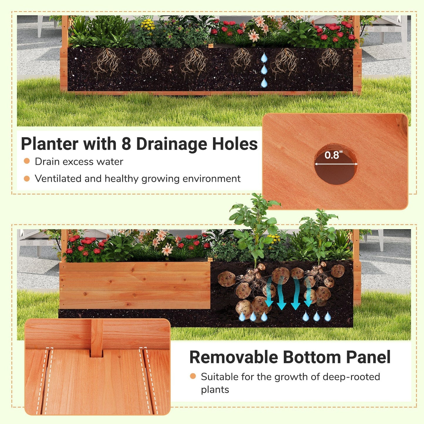 Raised Garden Bed with Side Trellis Hanging Roof and Planter Box-Orange