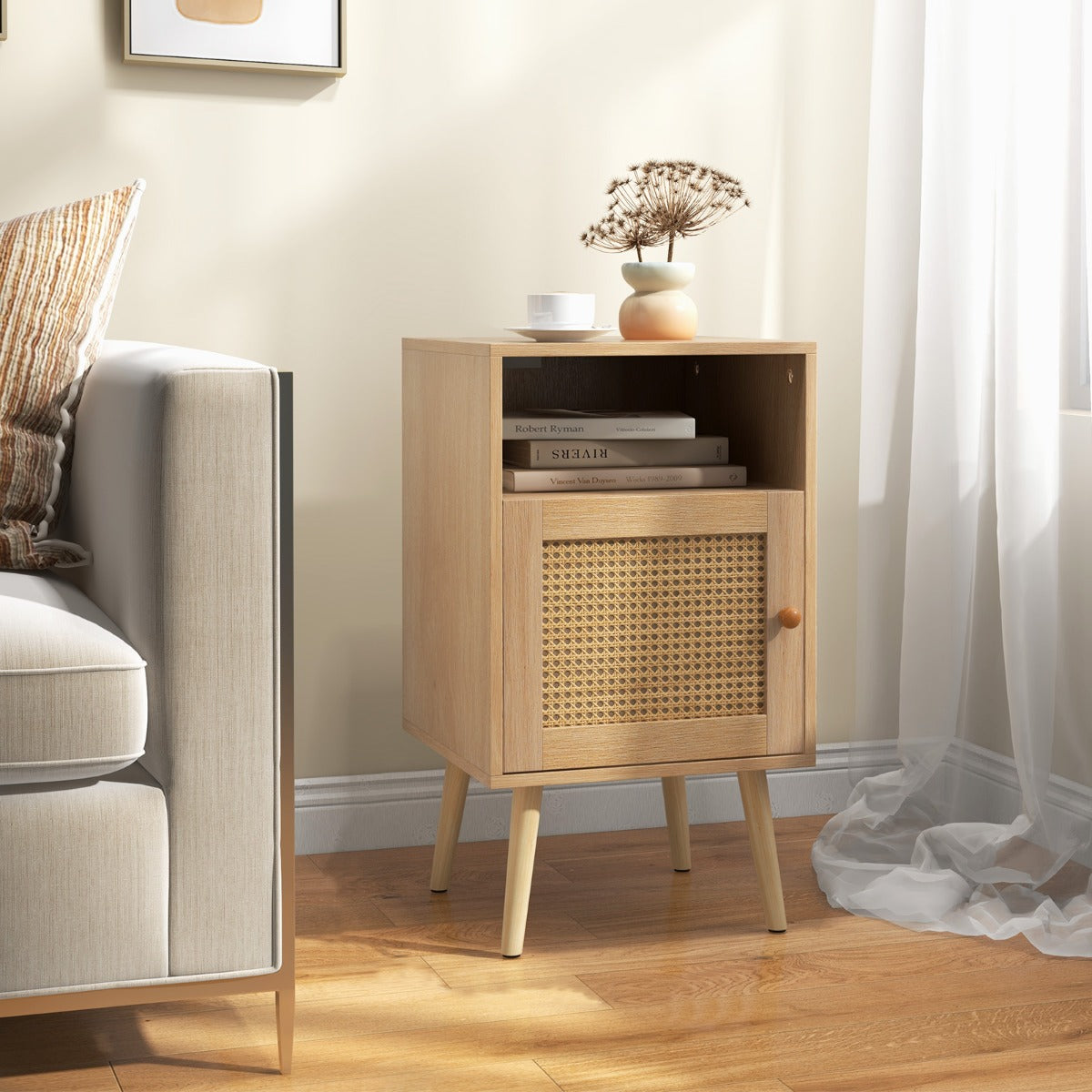 Rattan Nightstand with Storage and PE Rattan Decorated Door-Natural-2 Pack