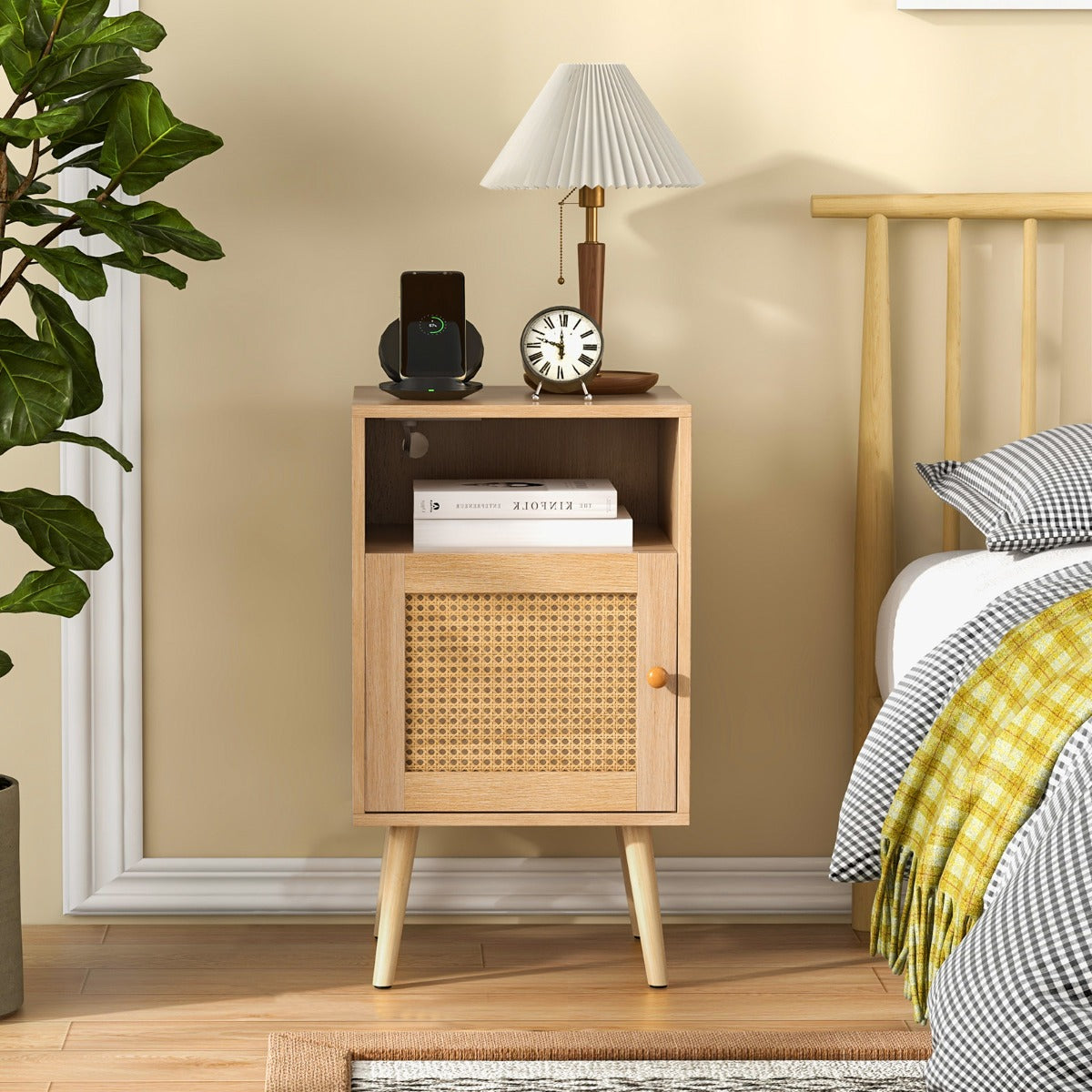 Rattan Nightstand with Storage and PE Rattan Decorated Door-Natural