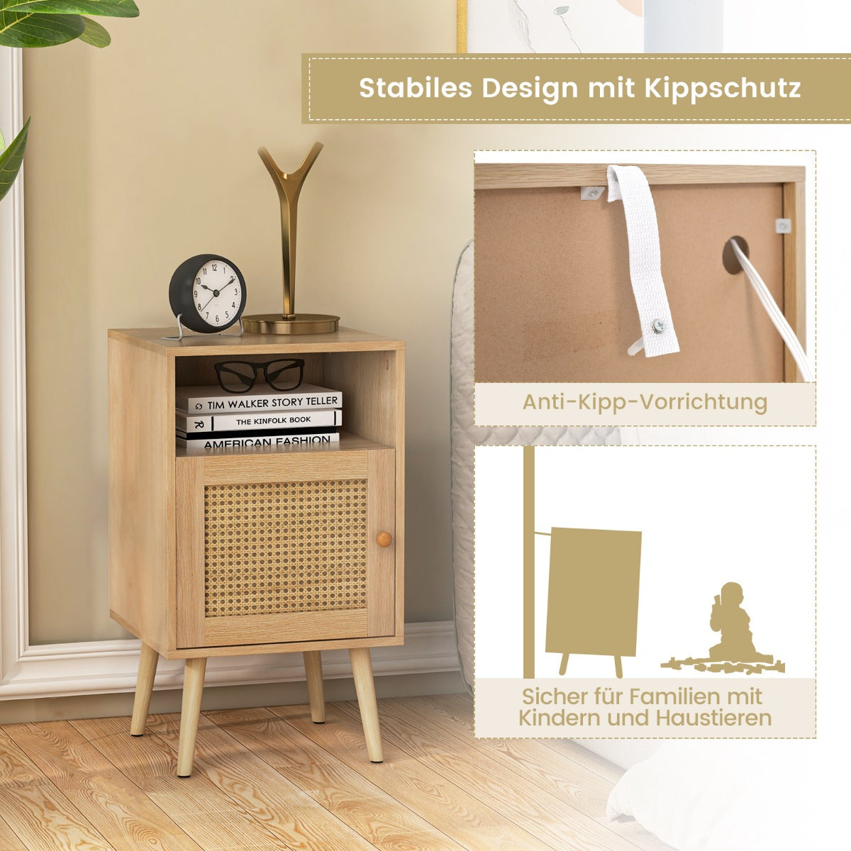 Rattan Nightstand with Storage and PE Rattan Decorated Door-Natural-2 Pack