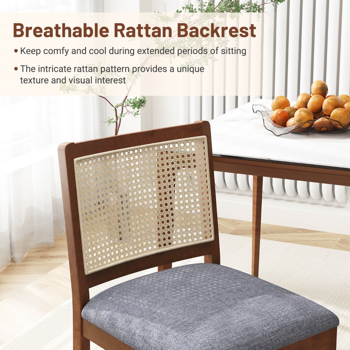 Rattan Dining Chair Set of 4 with Rubber Wood Frame and Linen Fabric Padded-Walnut