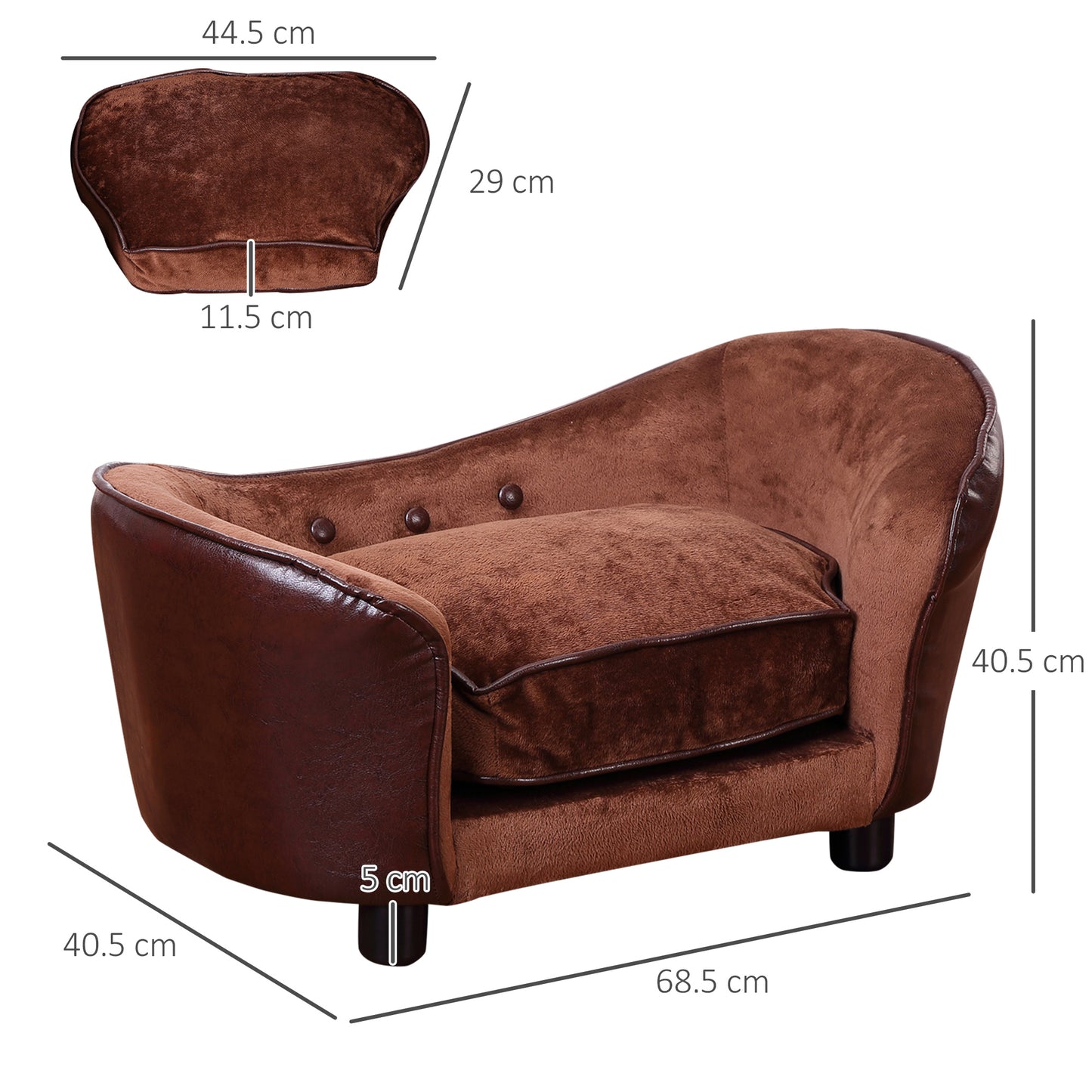 PawHut Dog Sofa Chair z nogami, kanapa dla zwierząt z miękką poduszką dla bardzo małych psów i kotów, brązowa, 68,5 x 40,5 x 40,5 cm