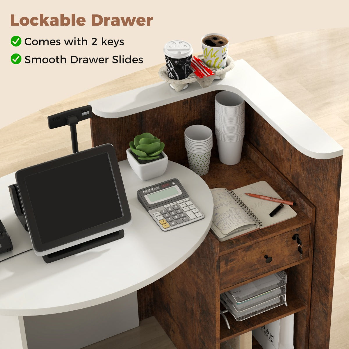 Reception Desk with Lockable Drawer and Adjustable Shelf for Office-Brown