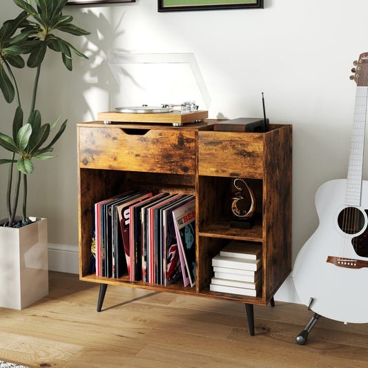 Record Player Stand with Built-In Power Strip and 3 Dividers-Rustic Brown