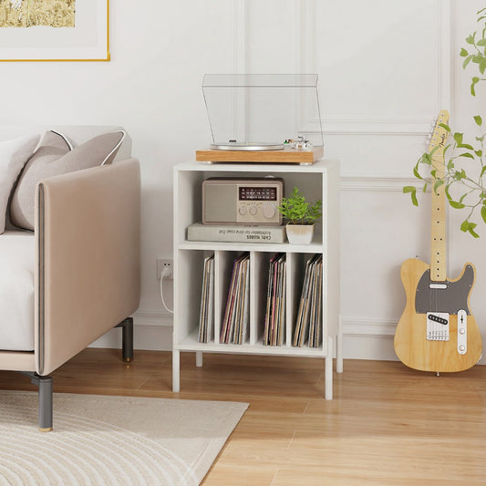 Record Player Stand Turntable Stand with Charging Station-White