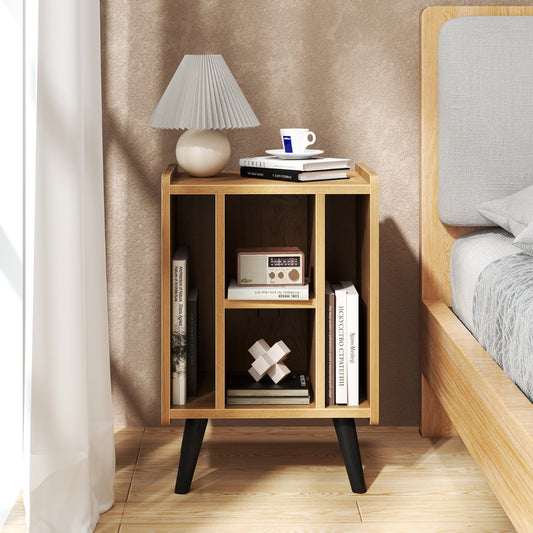 Record Player Stand with 4 Open Shelves Power Outlet USB Charging Port-Natural