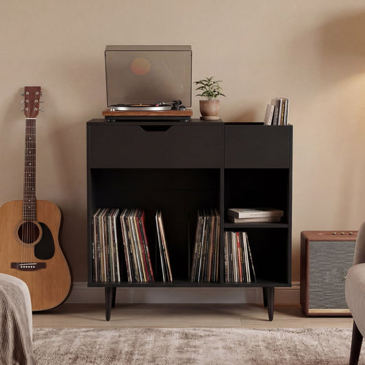 Record Player Stand with Built-In Power Strip and 3 Dividers-Black