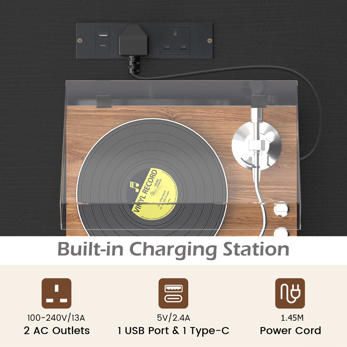 Record Player Stand with Built-In Power Strip and 3 Dividers-Black