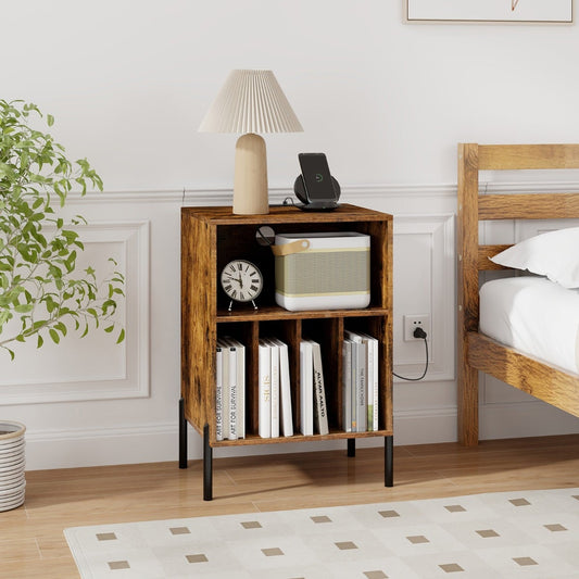 Record Player Stand with Charging Station and 5 Storage Compartments-Brown