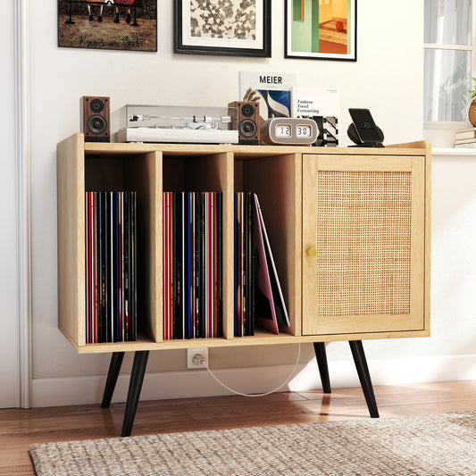 Record Player Stand with Charging Station Turntable Stand with Shelves and Adjustable Shelf-Natural