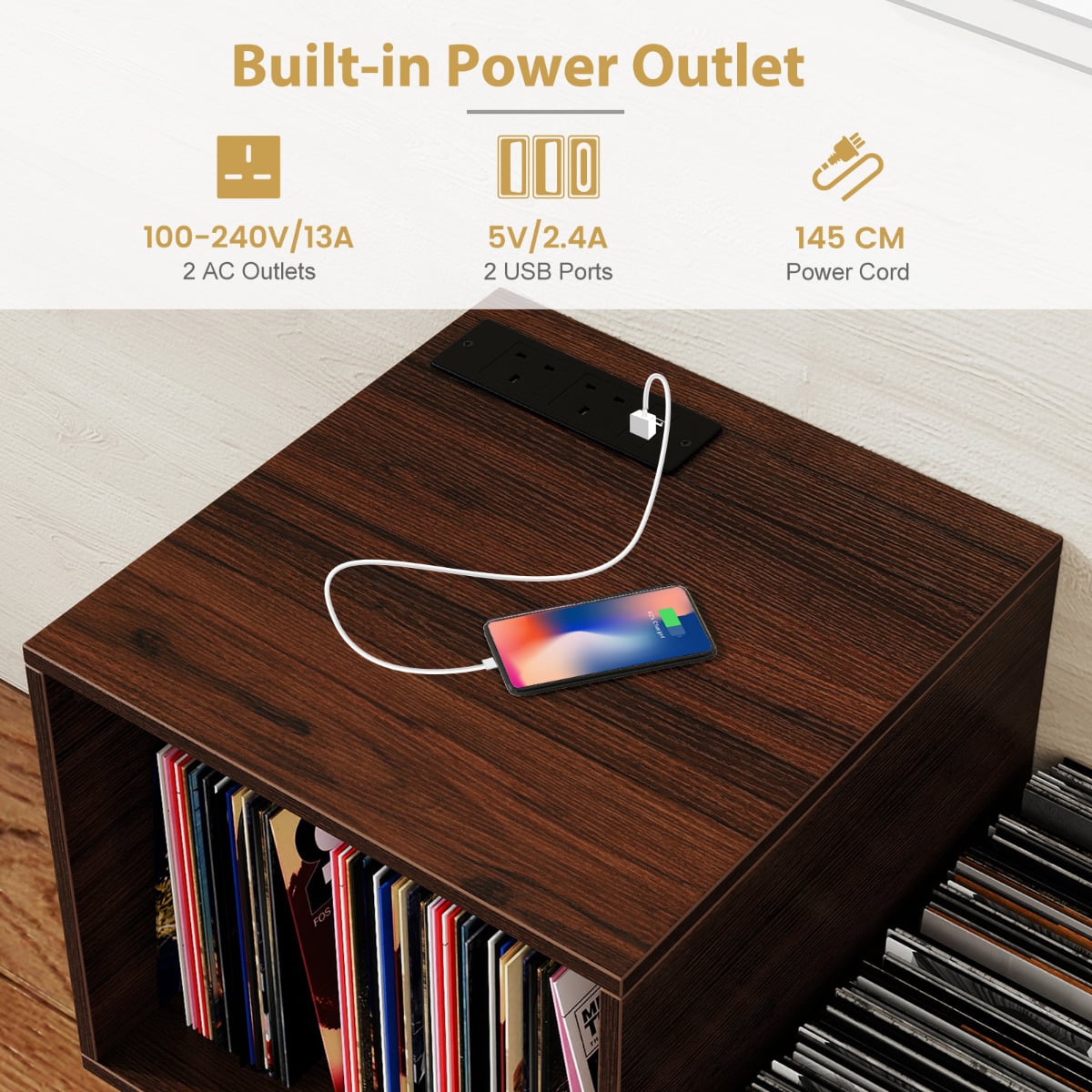 Record Player Stand with Power Outlet and Removable Dividers-Walnut