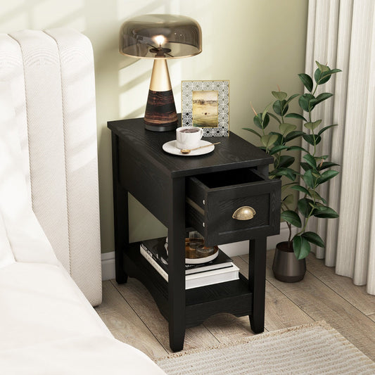 Rectangular Nightstand with 1 Drawer 1 Storing Shelf and 4 Solid Rubber wood Legs-Black