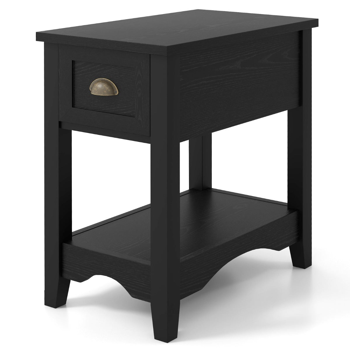 Rectangular Nightstand with 1 Drawer 1 Storing Shelf and 4 Solid Rubber wood Legs-Black