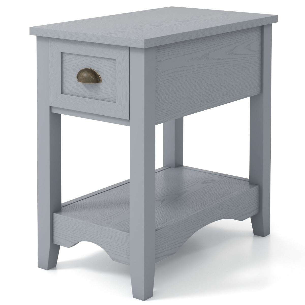 Rectangular Nightstand with 1 Drawer 1 Storing Shelf and 4 Solid Rubber wood Legs-Grey