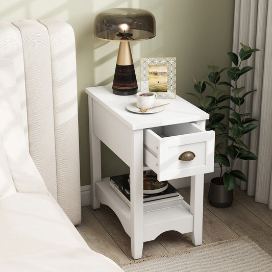 Rectangular Nightstand with 1 Drawer 1 Storing Shelf and 4 Solid Rubber wood Legs-White