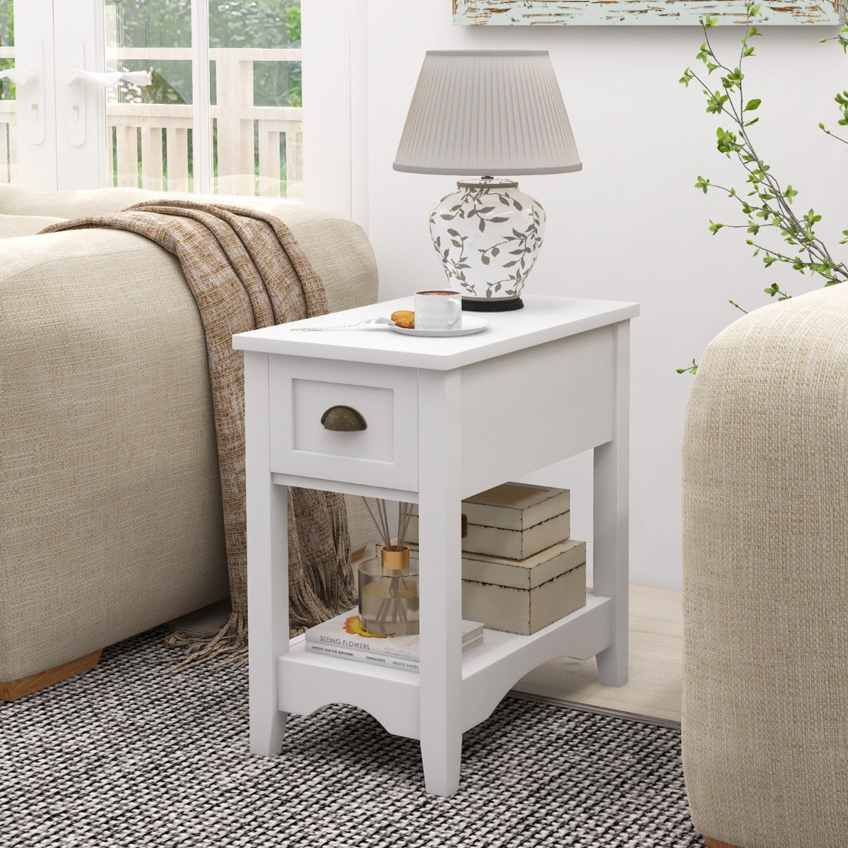 Rectangular Nightstand with 1 Drawer 1 Storing Shelf and 4 Solid Rubber wood Legs-White
