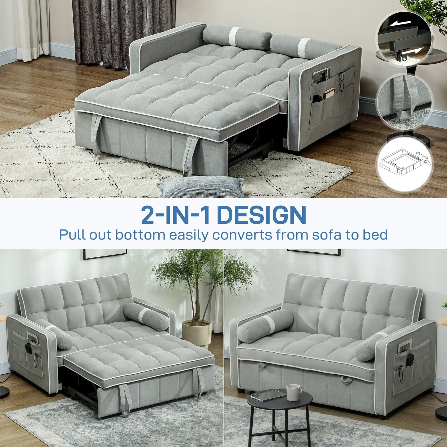 HOMCOM Dwuosobowa sofa rozkładana z imitacją lnu - jasnoszara