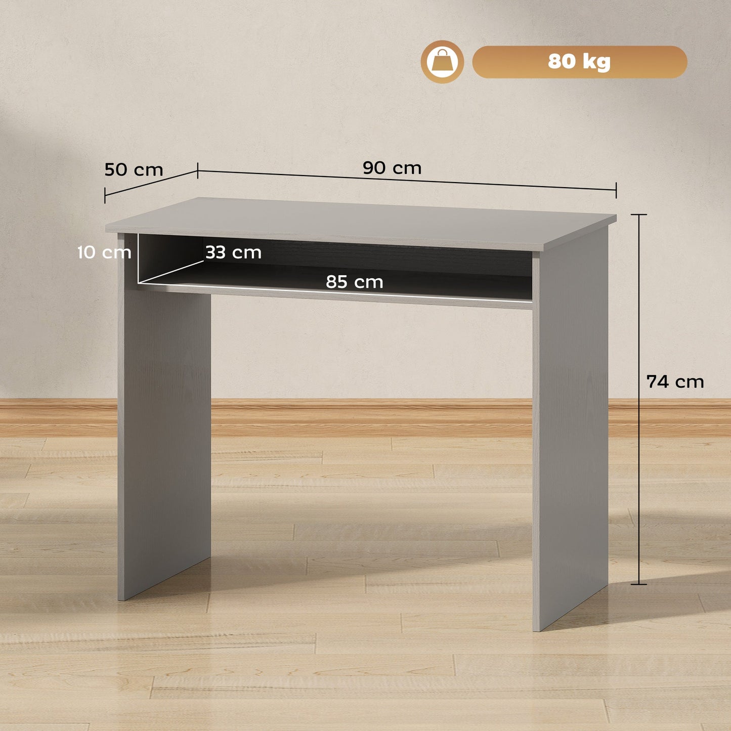 HOMCOM Modern Computer Desk, Home Office Table, Small Writing Desk with Storage Shelf, 90 x 50cm, Grey