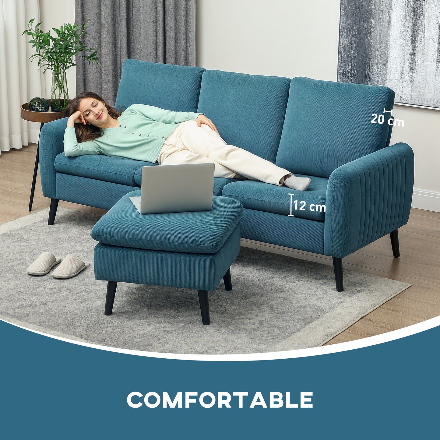 HOMCOM Fabric Sofa with Ottoman, Corduroy L-shaped Sofa Couch with Scatter Back, Reversible 3-Seater Chaise Lounge for Living Room, Home Office, Small Spaces, Blue
