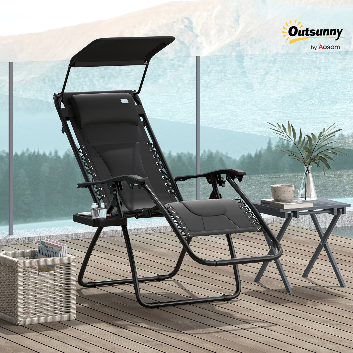 Outsunny Zero Gravity Lounger Chair, składany rozkładany fotel ogrodowy z osłoną przeciwsłoneczną, wyściełane siedzisko, uchwyt na kubek, miękka poduszka i zagłówek do użytku przy basenie, kempingowy, czarny