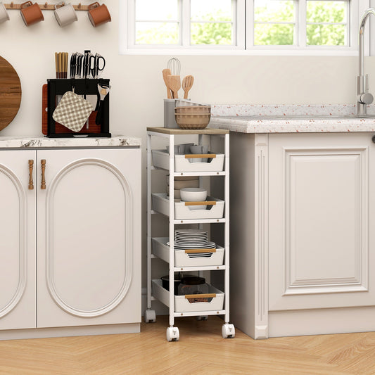 HOMCOM 5-Tier Storage Trolley on Wheels - White