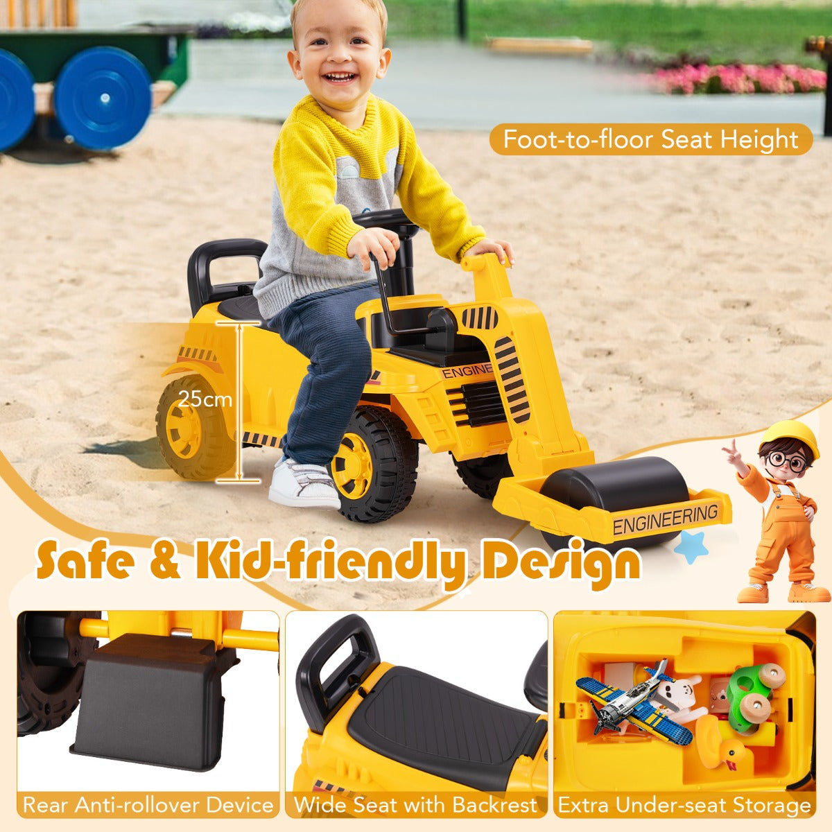 Ride on Road Roller Toddler Ride on Car with Adjustable Roller-Yellow