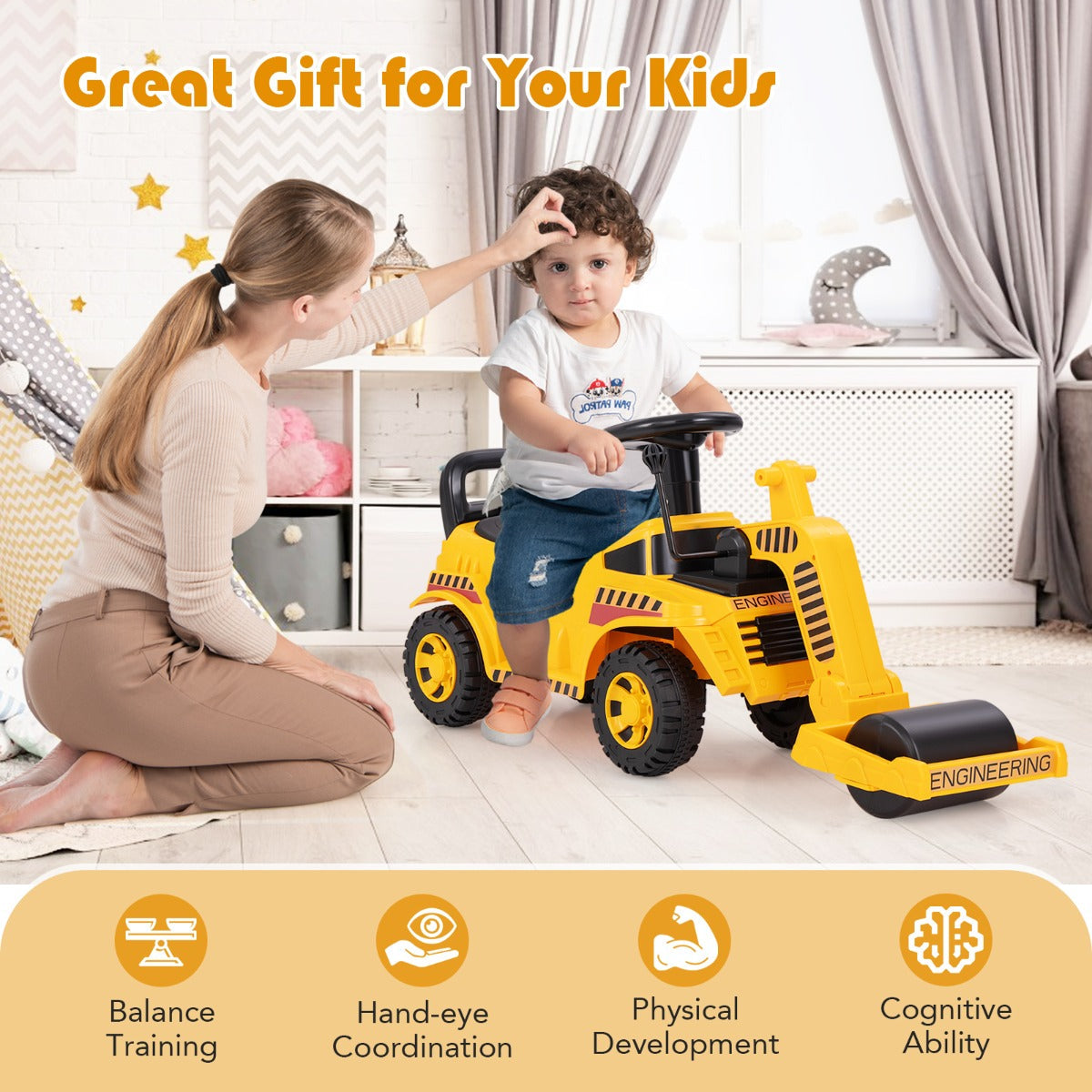 Ride on Road Roller Toddler Ride on Car with Adjustable Roller-Yellow