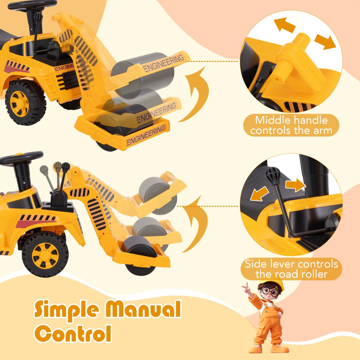 Ride on Road Roller Toddler Ride on Car with Adjustable Roller-Yellow