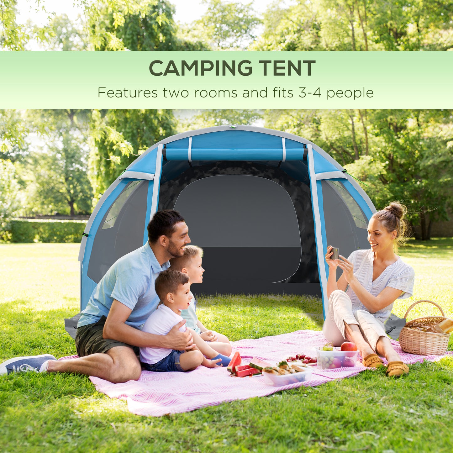 Outsunny 3-4 Man Tunnel Tent, dwupokojowy namiot kempingowy z oknami i pokrowcami, przenośna torba transportowa, do wędkowania, wędrówek, sportu, festiwali - niebieski