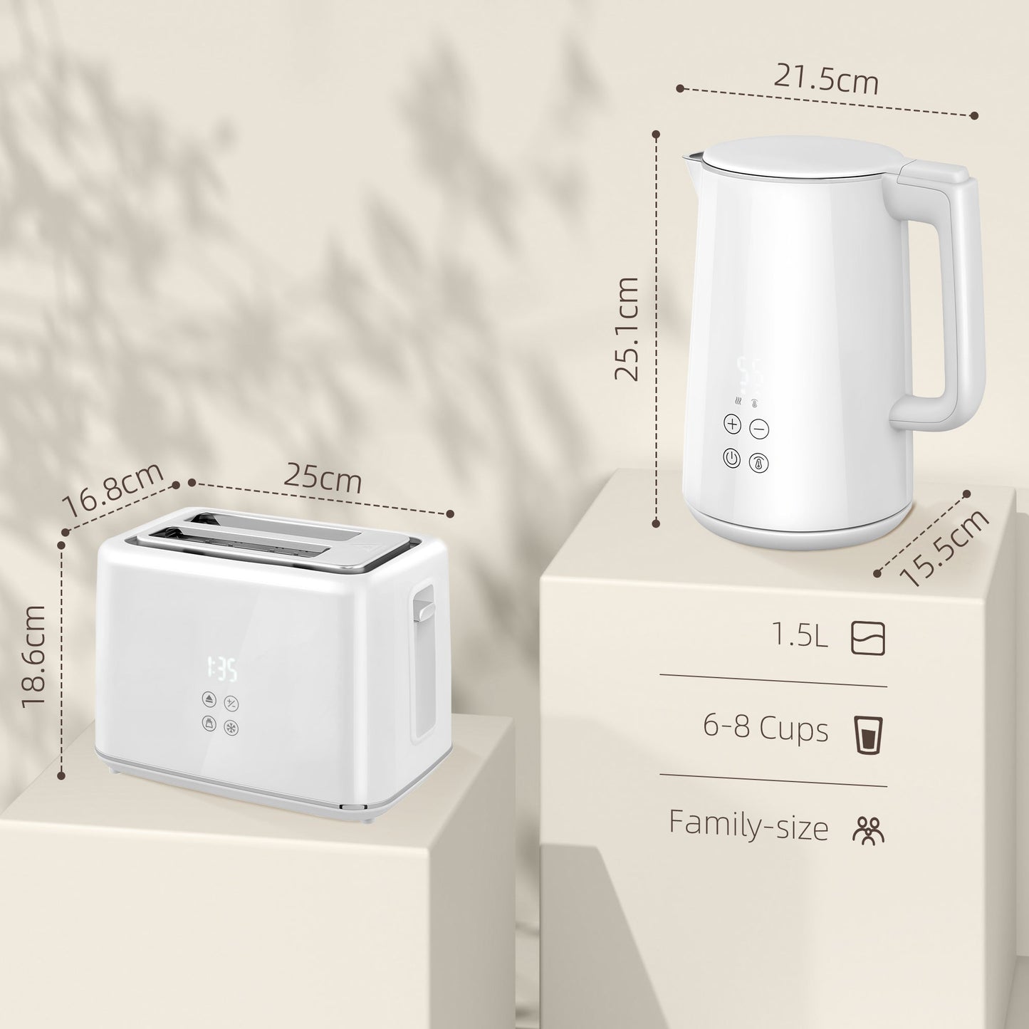 Zestaw kuchenny HOMCOM z czajnikiem i tosterem, 1,5 l, 3000 W, szybkozamykający czajnik z izolacją i 2-kromkowym tosterem, 7-stopniową regulacją opiekania, funkcją rozmrażania, podgrzewania i tacką na okruchy, biały