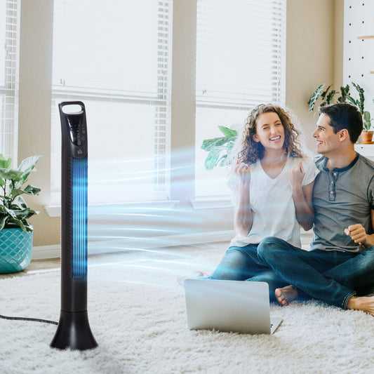 مروحة برجية مستقلة من هومكوم مقاس 36 بوصة، 3 سرعات و3 أوضاع، مؤقت 7.5 ساعة، تذبذب 70 درجة، لوحة LED، جهاز تحكم عن بعد 5 أمتار، أسود