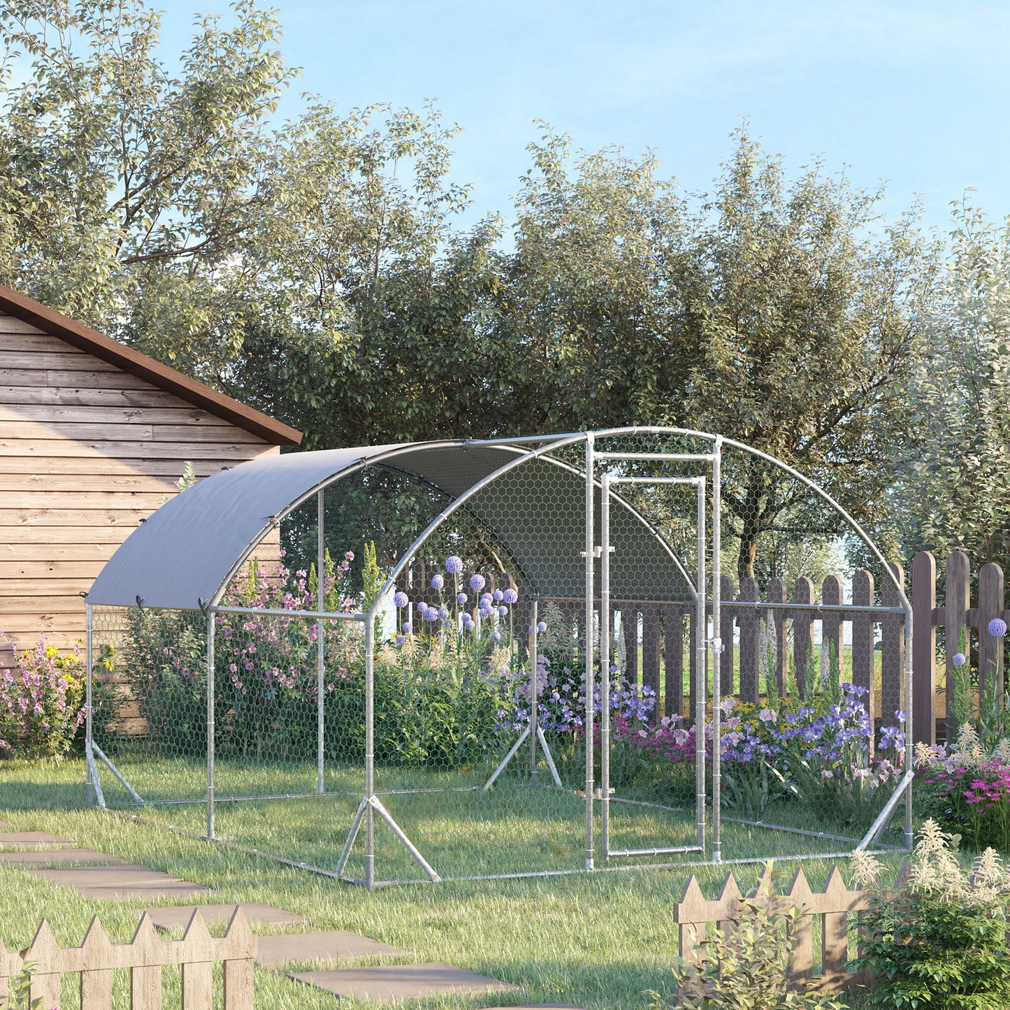 PawHut Walk In Chicken Run Galvanised Chicken Coop Hen Poultry House Cage Pet Playpen Garden with Water-Resist Cover, 2.8 x 3.8 x 2m