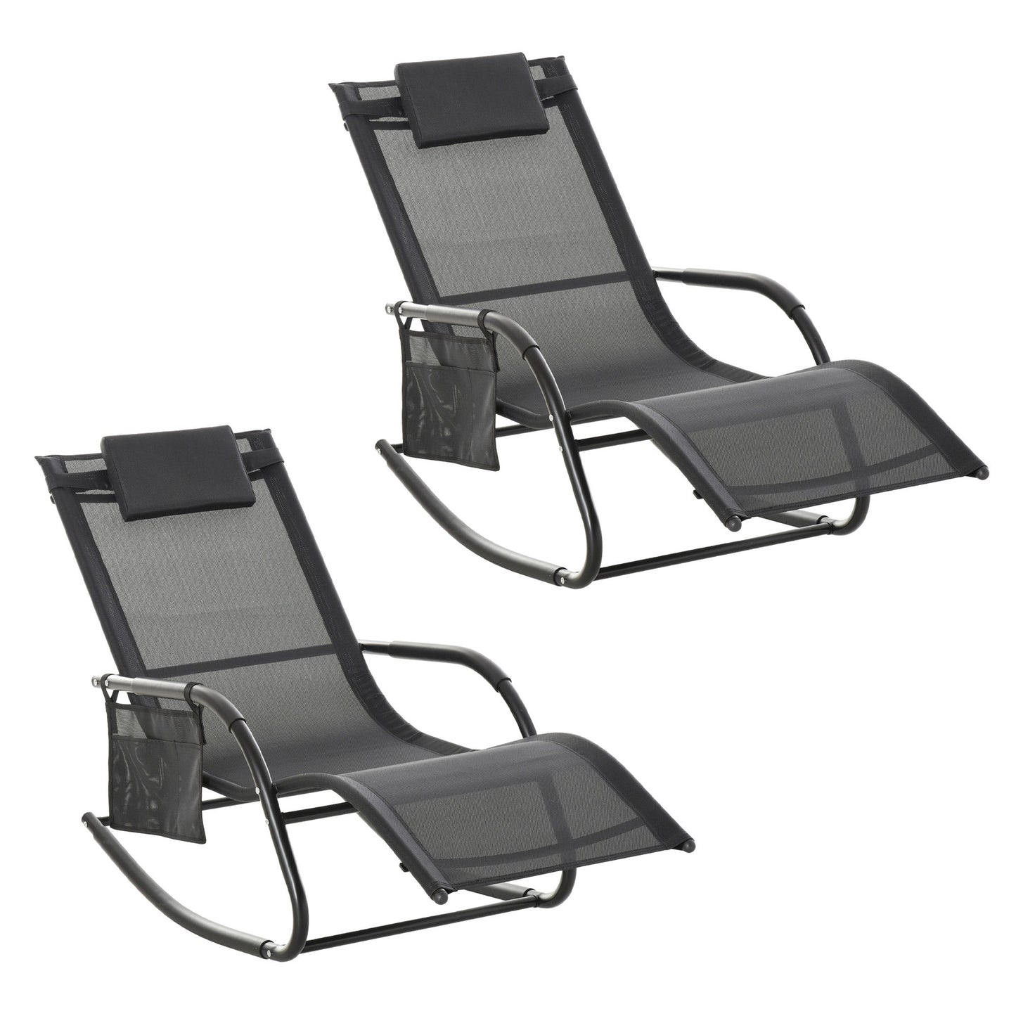Outsunny 2PCs Outdoor Garden Rocking Chair, Patio Sun Lounger Rocker Chair z oddychającą siateczkową tkaniną, zdejmowana poduszka zagłówka, podłokietnik, boczna torba do przechowywania, czarny