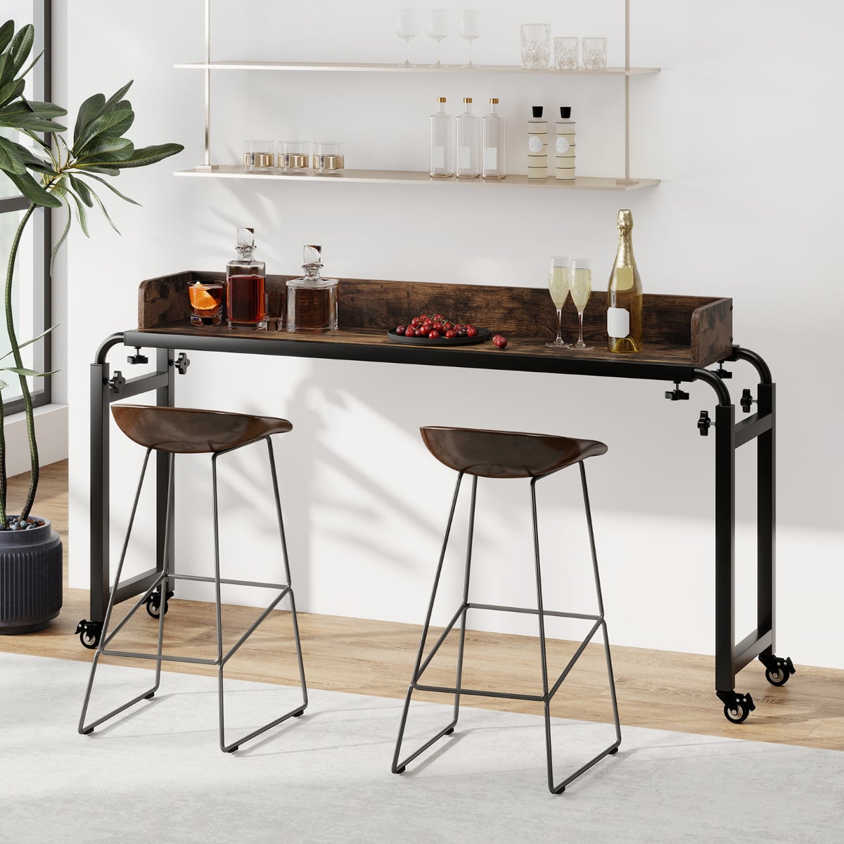 Rolling Computer Desk with Wheels and Metal Frame-Rustic Brown