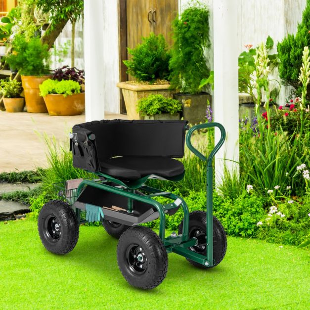 Rolling Garden Cart Scooter with Tray Storage Basket Tool Pouch Seat Cushion-Green
