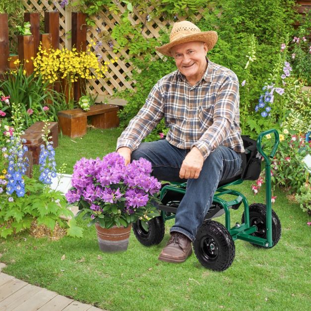 Rolling Garden Cart Scooter with Tray Storage Basket Tool Pouch Seat Cushion-Green