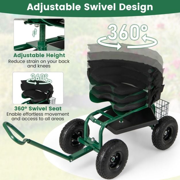 Rolling Garden Cart Scooter with Tray Storage Basket Tool Pouch Seat Cushion-Green