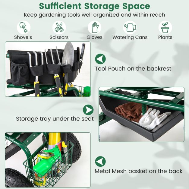 Rolling Garden Cart Scooter with Tray Storage Basket Tool Pouch Seat Cushion-Green