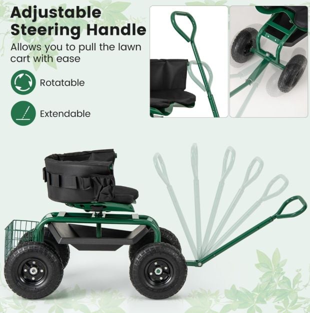 Rolling Garden Cart Scooter with Tray Storage Basket Tool Pouch Seat Cushion-Green
