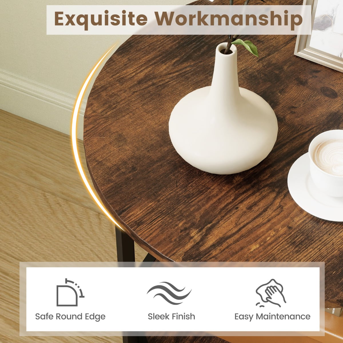 Round Side 2-Tier End Table with Storage Shelf-Rustic Brown