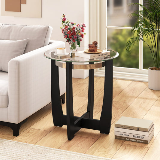 61cm Round Side Table with Tempered Glass Top and Solid Rubber Wood Base-Black